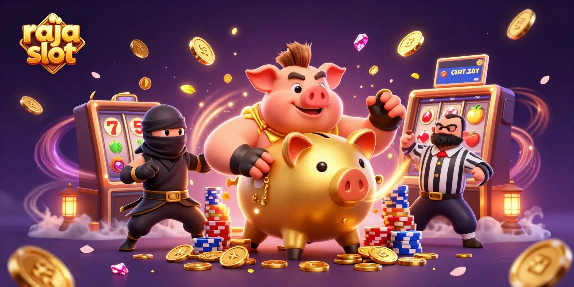 Jelajahi dunia raja slot dengan ilustrasi menarik karakter kasino dan elemen permainan yang ceria.