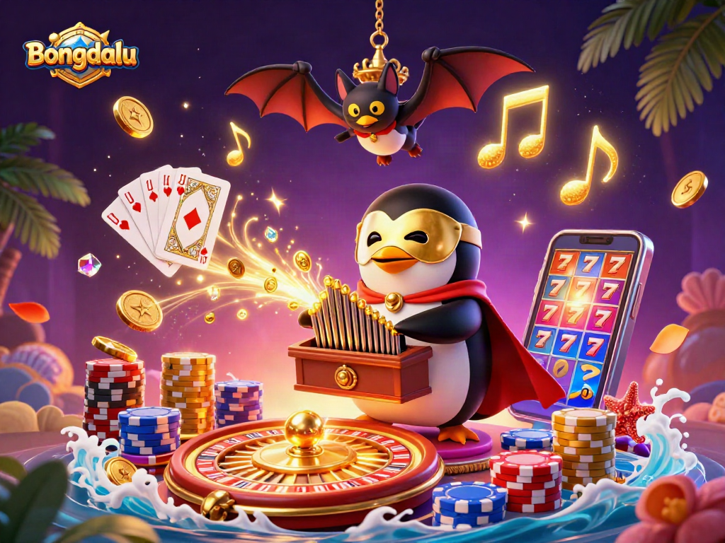 Bongdalu showcases an extravagant 3D illustration featuring a phantom opera penguin playing an organ that bursts with golden coins, highlighting the thrill of gambling.