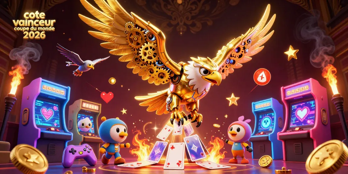 Parier sur la cote vainqueur coupe du monde 2026 avec un aigle cybernétique au milieu de cartes de jeu holographiques.