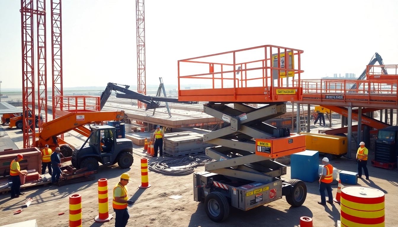 Workers using a scissor lift for a construction project showcasing its height and flexibility.