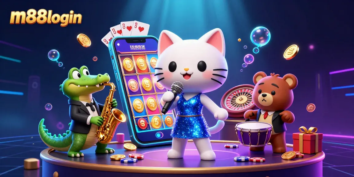Experience the thrill of m88login with a vibrant cartoonish casino scene featuring a jazz-singer cat, saxophone crocodile, and drum-playing bear.