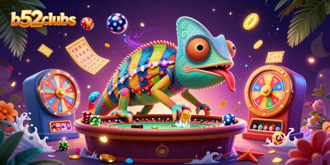 Experience gaming excitement at b52clubss with vibrant lottery balls and a chameleon owner.