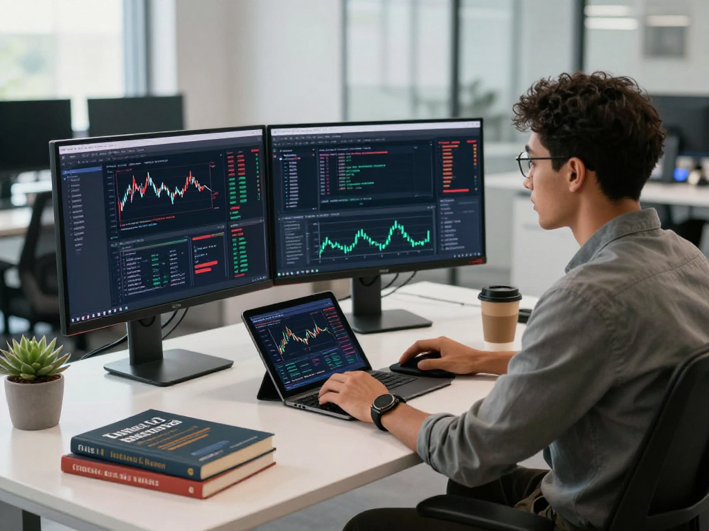 Developer utilizing a US stock real-time API at a modern workspace with real-time stock data.