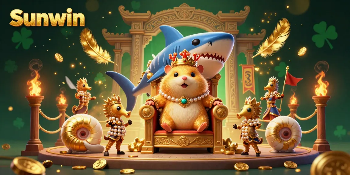 Engage in thrilling gameplay at Sunwin with a captivating 3D illustration of a golden hamster king amidst an aquatic casino-themed backdrop.