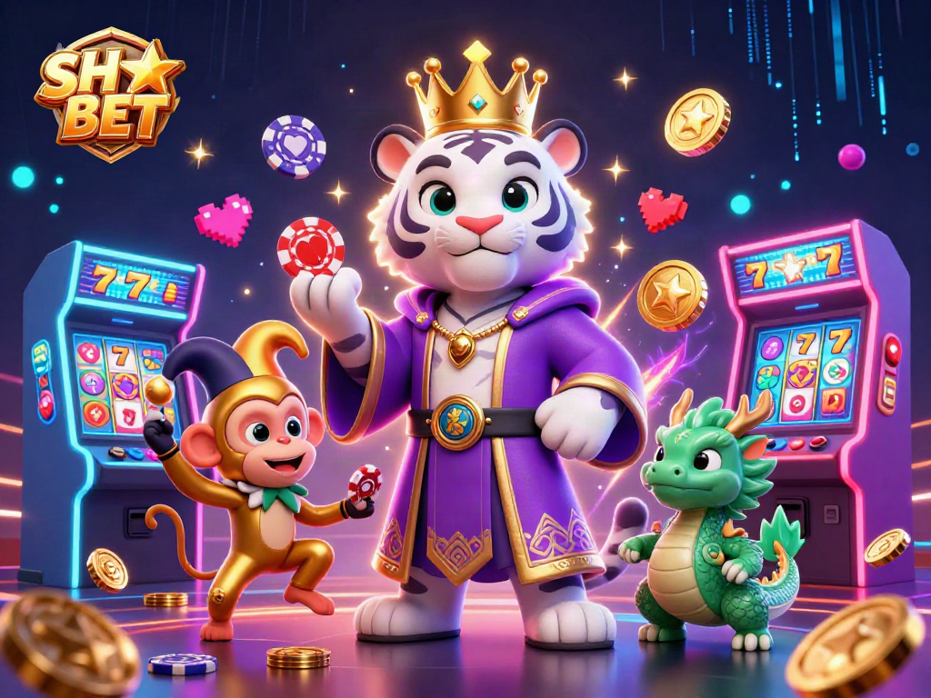 Engaging illustration of SH BET featuring a white tiger, golden monkey juggling, and vibrant casino elements.