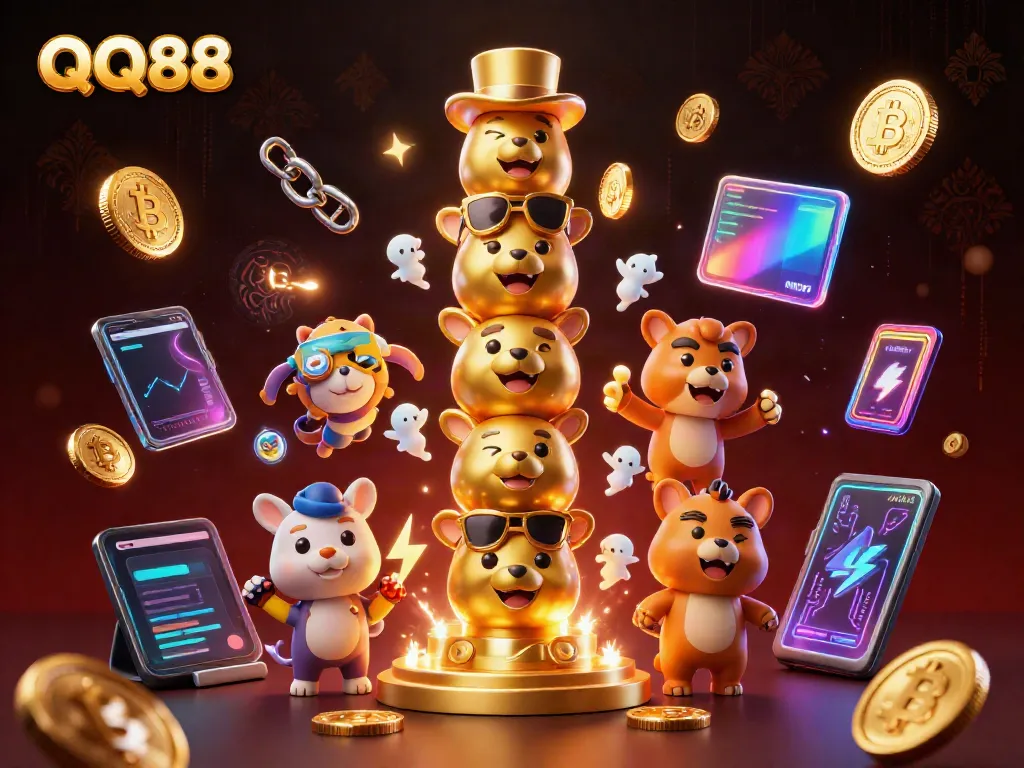 Experience the vibrant and intricate world of QQ88 with this lively 3D illustration showcasing gambling elements and a golden totem.