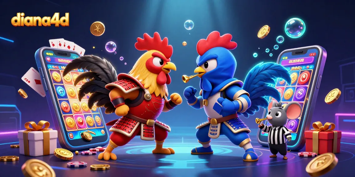 Diana4D showcases a thrilling standoff between roosters, enhancing gaming excitement with dynamic slot and casino elements.