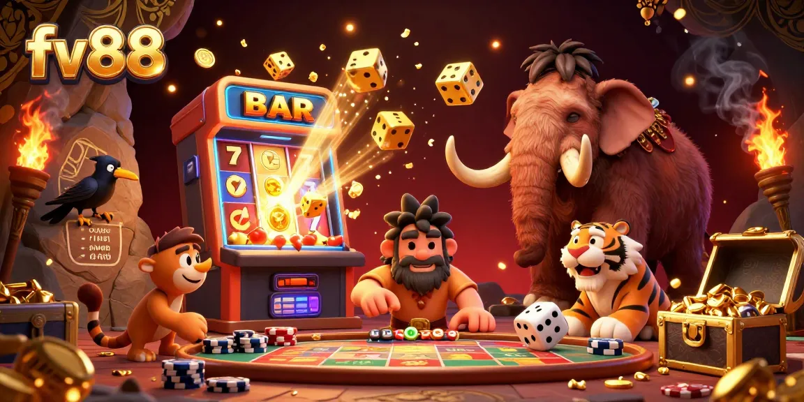 Engaging scene showcasing fv88 with a caveman and sabertooth tiger managing a prehistoric casino, surrounded by dynamic gaming elements.