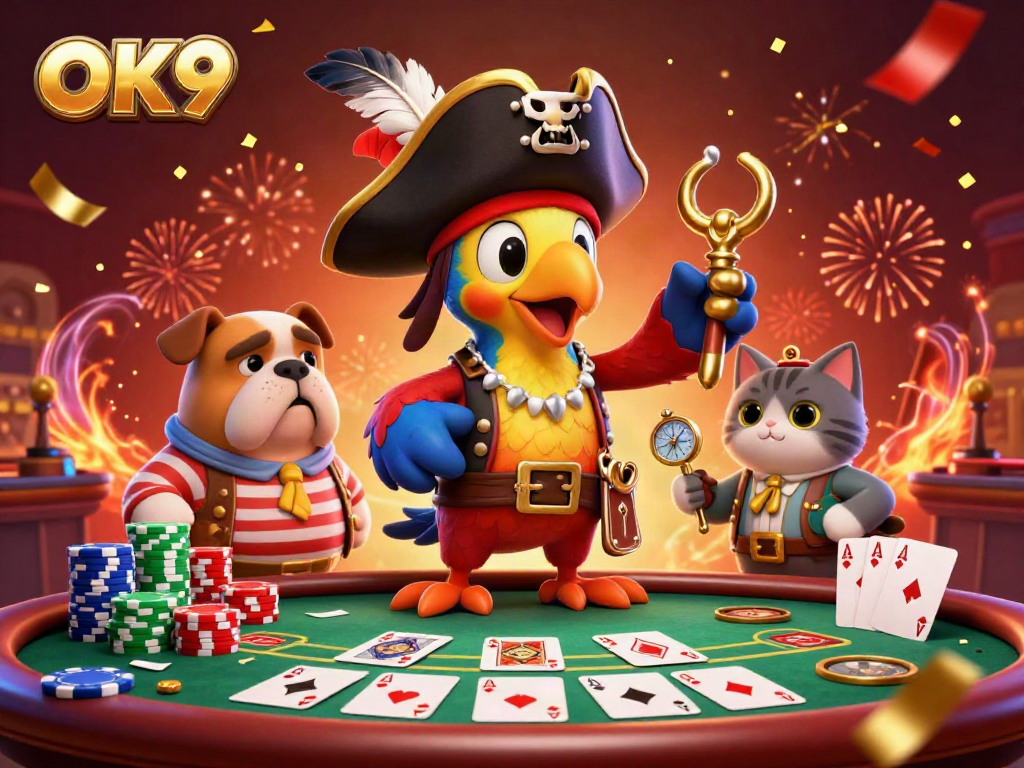 Engage with OK9 in a vibrant casino setting, featuring a pirate captain parrot, a bulldog, and a cat surrounded by poker elements.