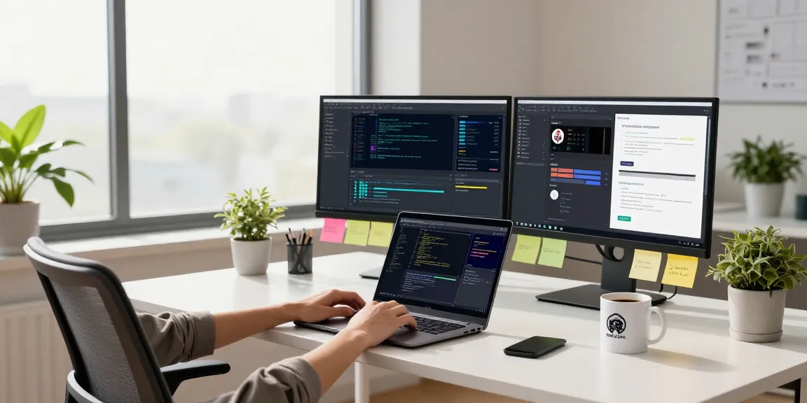 Professional coding environment at https://www.bdtjl.app/ showcasing app development with vibrant desk setup and natural light.