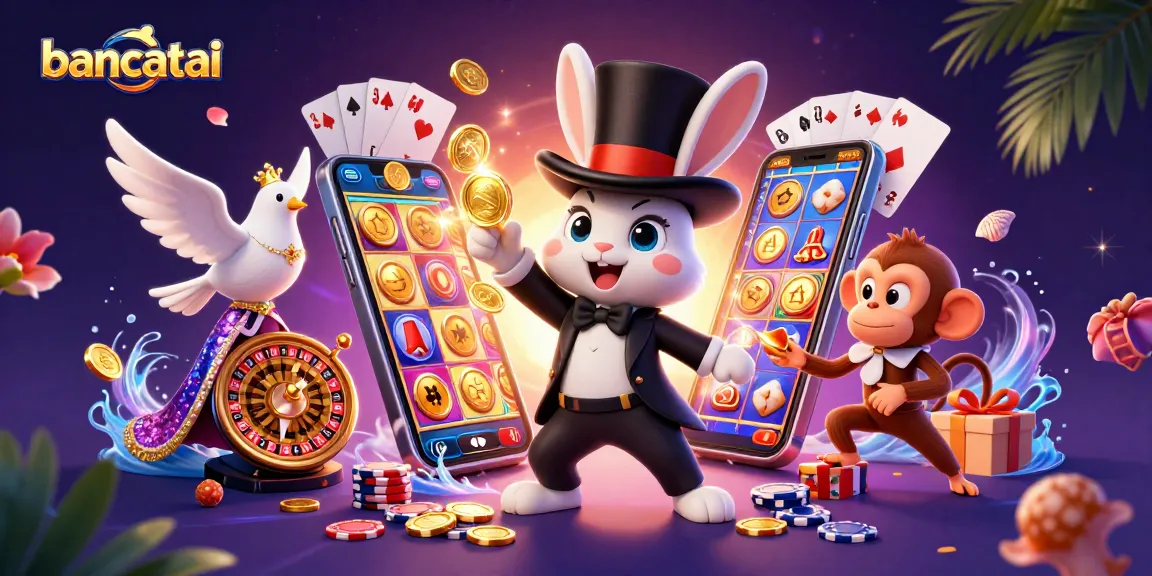Bancatai enhances excitement with a 3D magician rabbit, glamorous dove, and monkey amidst vibrant casino elements.