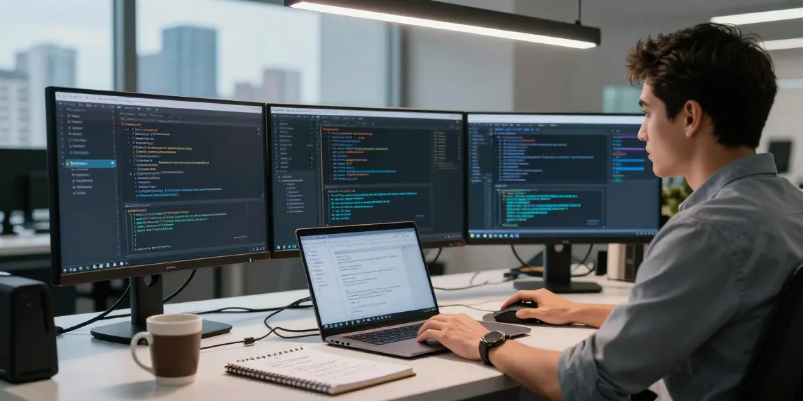 Servidores VPS Windows en México showcased in a tech workspace with a developer managing multiple screens.