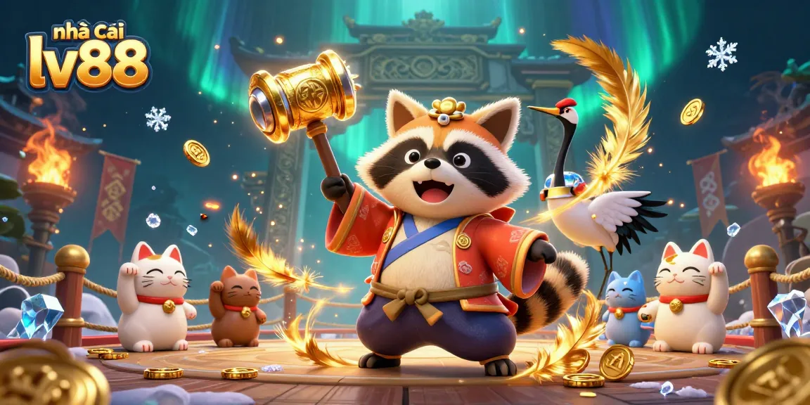 Exciting cartoon depiction of nhà cái lv88 featuring a cheerful tanuki, crane companion, and fortune cats celebrating wins in a vibrant casino scene.