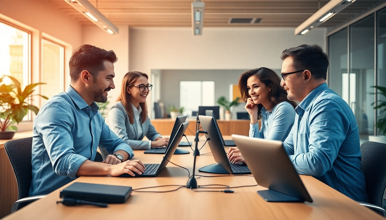 Engaged small business team using hosted voip phone systems for small business in a bright office.