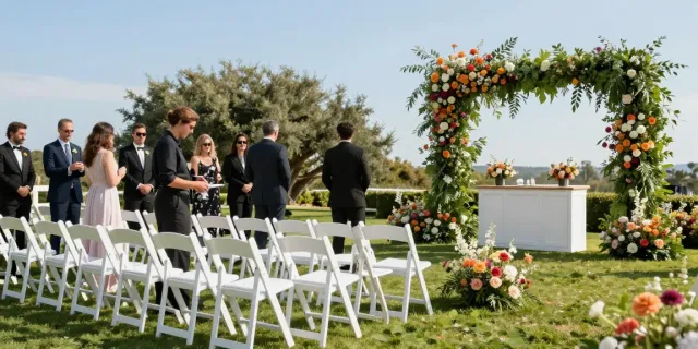 Event furniture rental featured at an elegant outdoor wedding setting, showcasing stylish chairs and decorations.