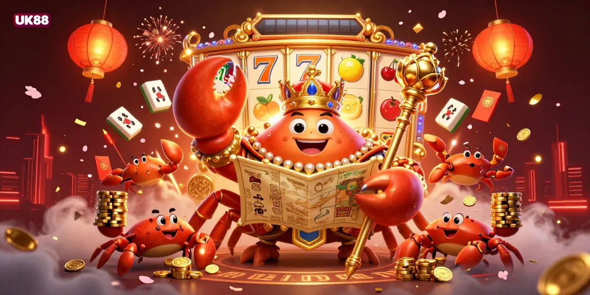 Experience the exciting UK88 slot games with a vibrant golden crab emperor amidst dynamic casino elements and rich visuals.