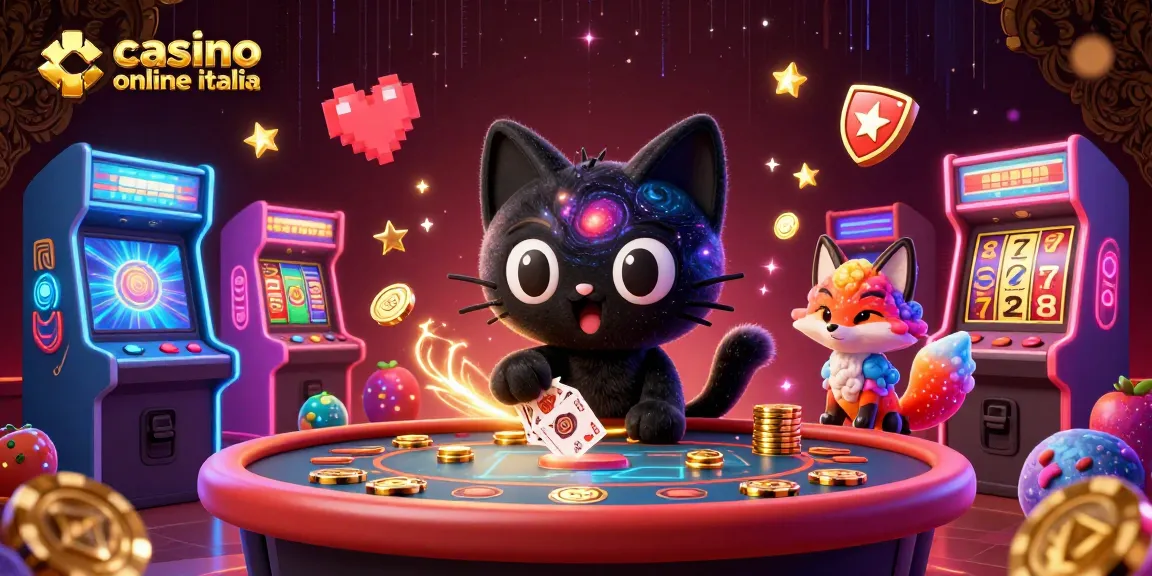 Cattura l'essenza di casinò online Italia con un gatto buco nero al tavolo di un casinò cosmico, circondato da elementi di gioco.
