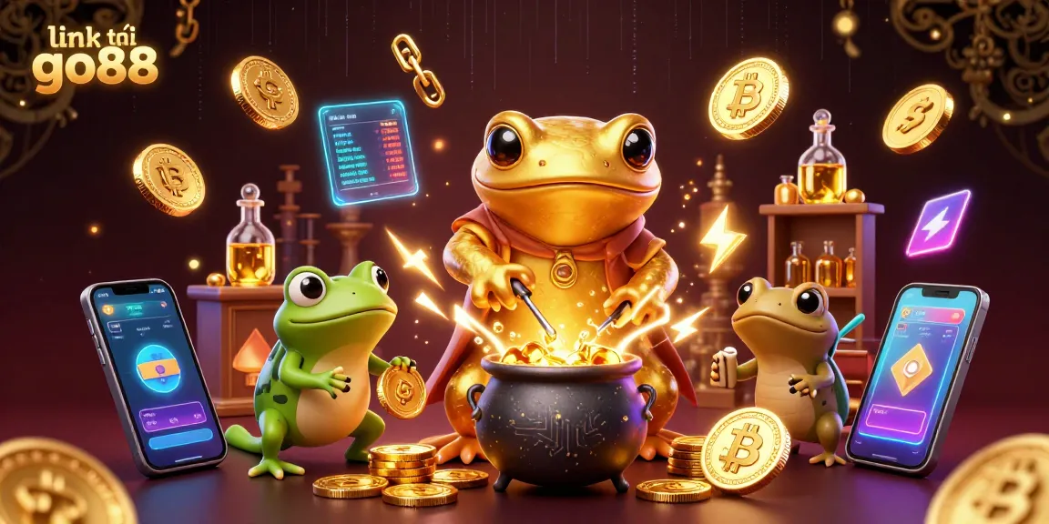 Engage with the exciting world of gambling through the link tải go88, featuring whimsical characters and glowing cryptocurrency elements.