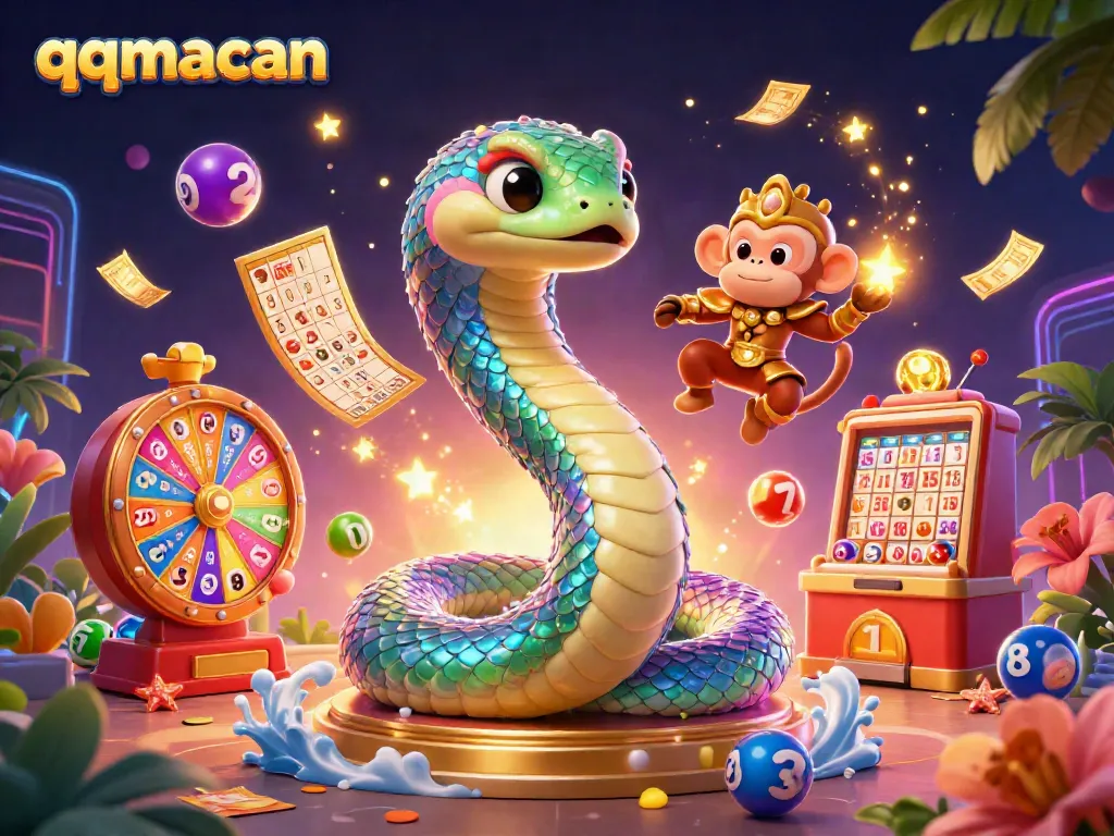 Experience thrilling gameplay with qqmacan's vibrant lottery and bingo games in this dynamic 3D illustration.