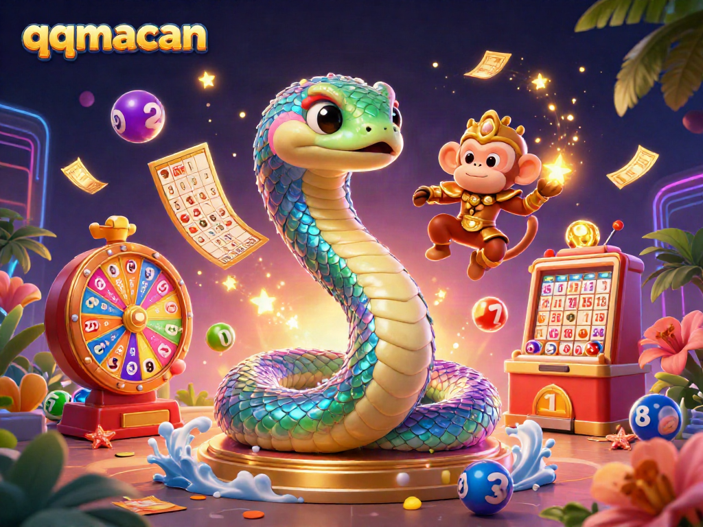 Experience thrilling gameplay with qqmacan's vibrant lottery and bingo games in this dynamic 3D illustration.