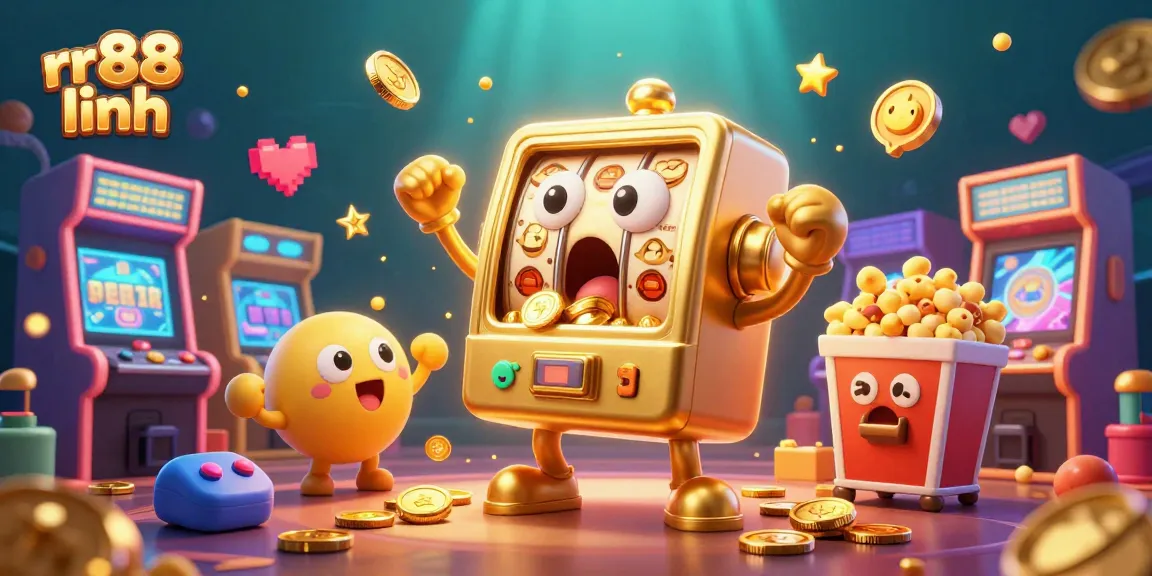 Experience excitement at rr88 linh with a golden slot machine celebrating a jackpot surrounded by cheering baby slots.
