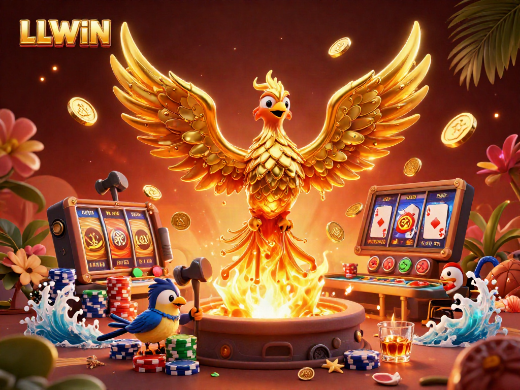 Experience exciting gaming at LLWIN with a molten metal phoenix and vibrant gambling elements