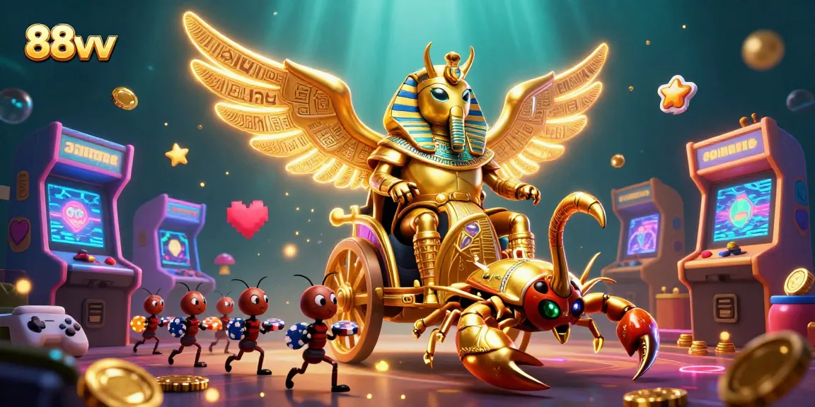 Engage with the thrilling world of 88vv, featuring a stunning chariot and scorpions under cinematic lighting.