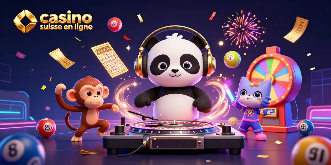 Vivez l'aventure de casino suisse en ligne avec une illustration dynamique des personnages festifs dans un univers de jeu.