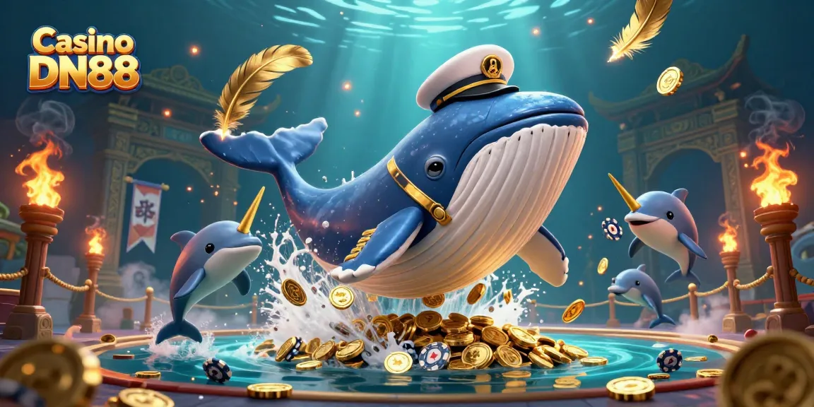 Engage in the vibrant world of Casino DN88 with a whimsical underwater adventure featuring a whale, narwhal, and dolphins.