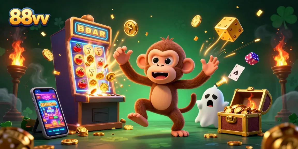 Experience the thrill of the haunted casino with the playful 88vv poltergeist monkey juggling coins.