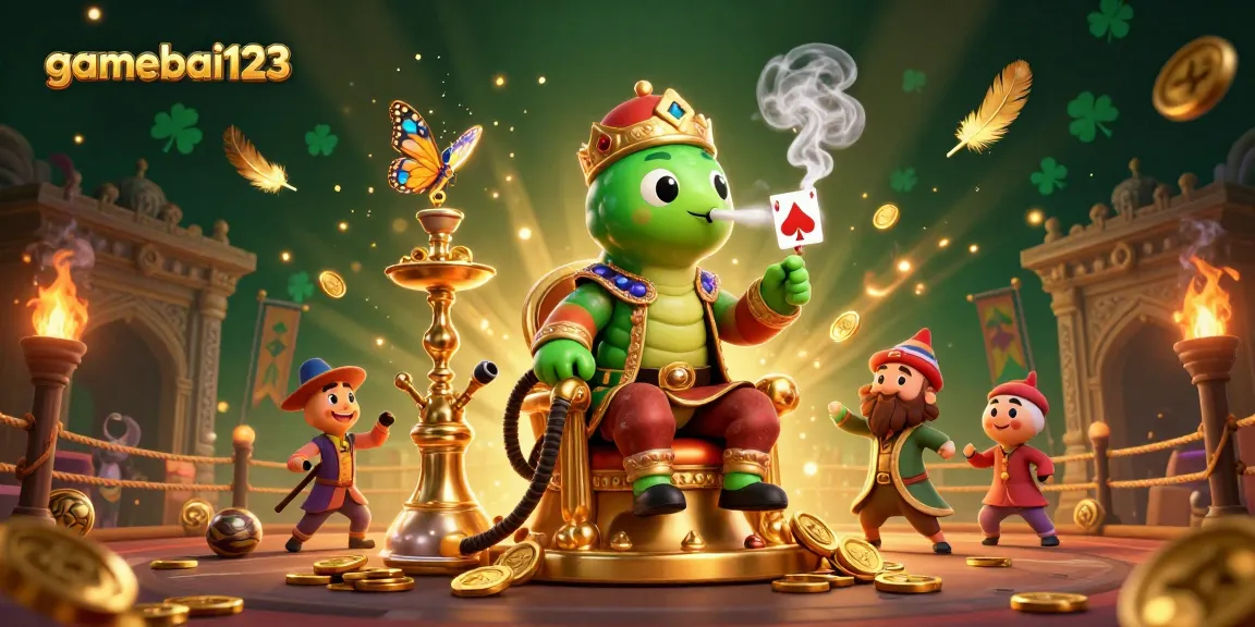 Engage with captivating gamebai123 visuals featuring a caterpillar hookah-master amidst casino symbols.