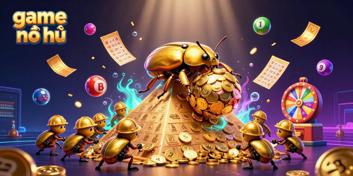 Experience the excitement of game nổ hũ as golden beetles roll coins and lottery elements surround them.