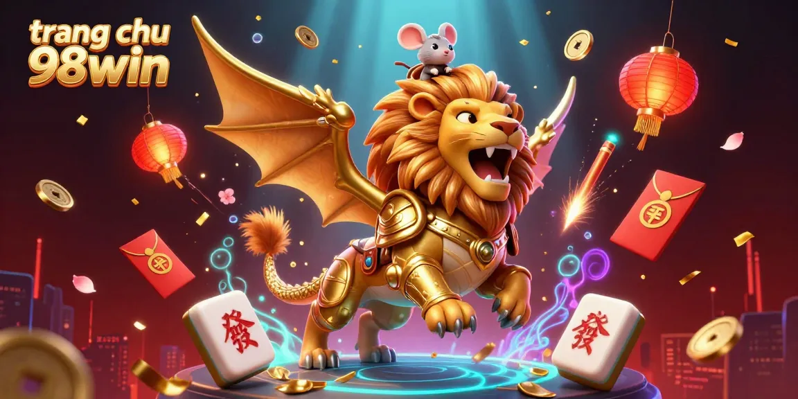 Experience the triumph of trang chu 98win with a roaring chimera and festive casino elements in this vibrant illustration.