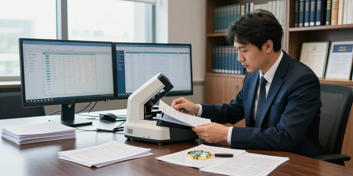 Forensic analyst using technology for document fraud detection in a modern office.