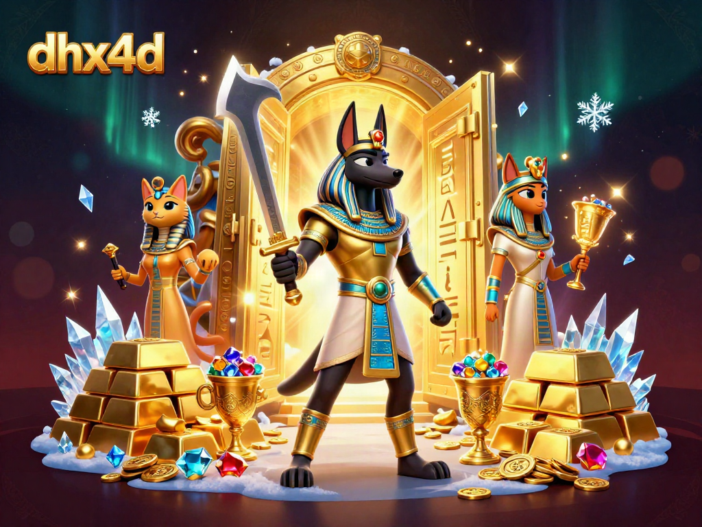DHX4D menyajikan perang Anubis dan Bastet di tengah harta karun dalam kasino virtual.