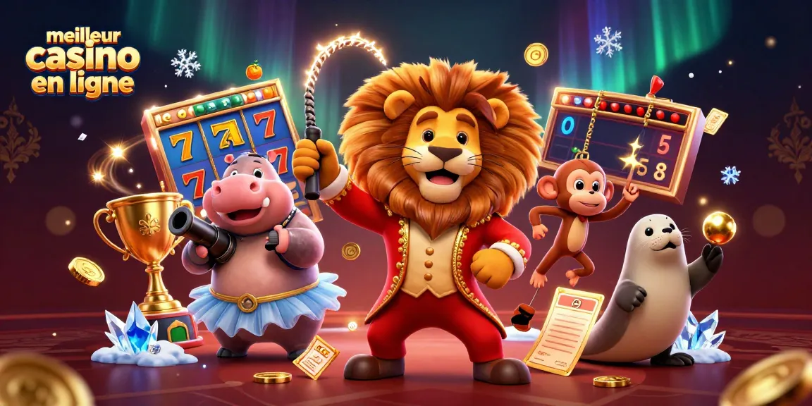 Vivez l'expérience du meilleur casino en ligne avec un lion maître de cérémonie, des symboles de machines à sous, et une ambiance festive