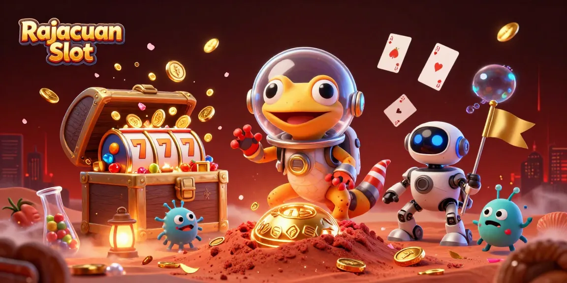Permainan Rajacuan Slot dengan simbol judi yang menakjubkan di dalam ilustrasi 3D.
