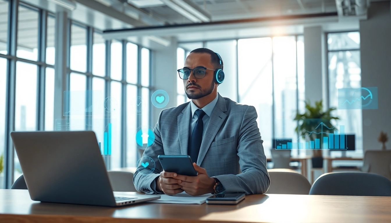 Engaging scene of a klipy AI sales agent equipped with advanced technology in a vibrant office setting.