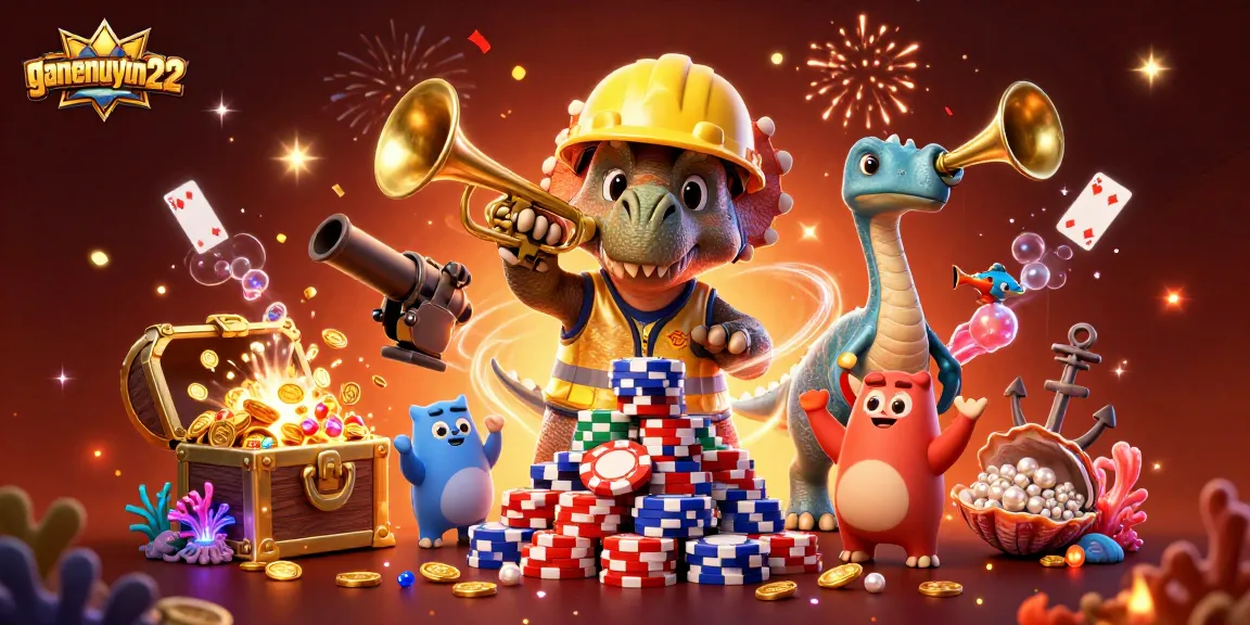 Experience the excitement of gamenohuuytin22 with vibrant poker chip gameplay and lively dinosaur characters.