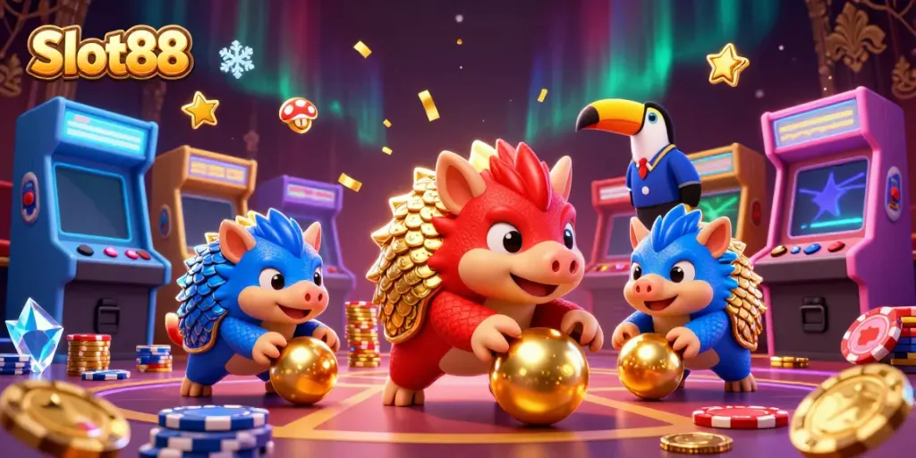 Visualisasi Slot88 yang menyenangkan dengan pangolin bertanding dan elemen kasino.