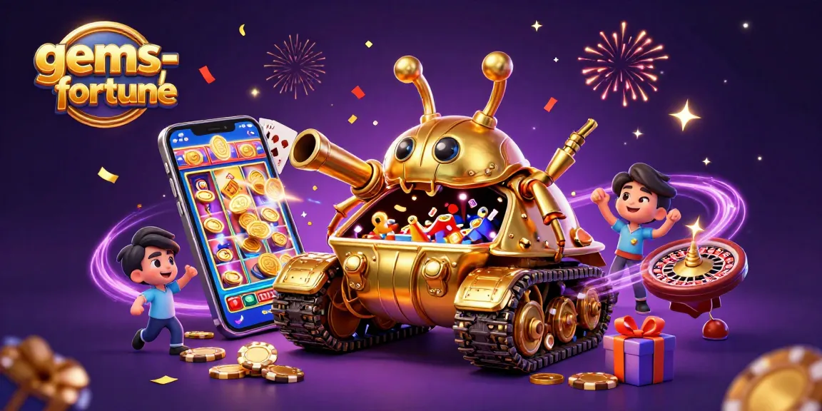 Experience gems-fortune in a vibrant casino scene with a massive golden beetle tank and spinning slot games.
