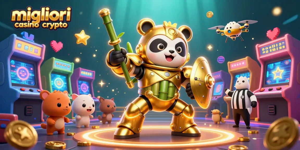 Gioca nei migliori casino crypto con un panda meccatronico in un'arena vibrante.