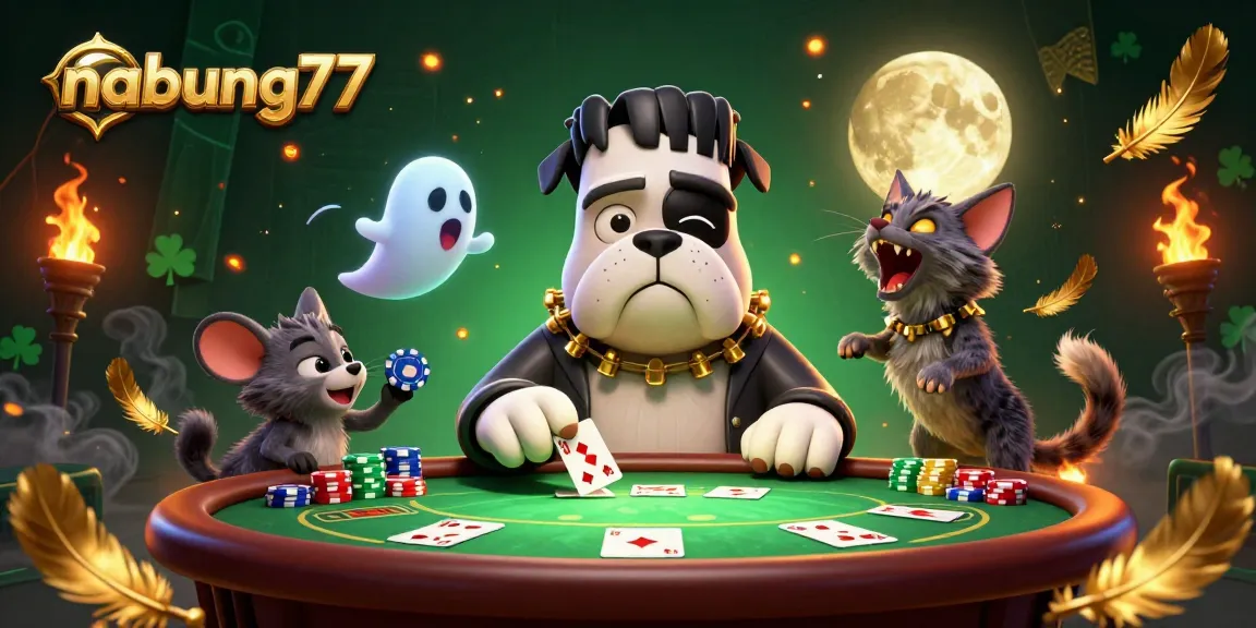 Experience thrilling poker action with nabung77's unique characters in a lively casino setting.