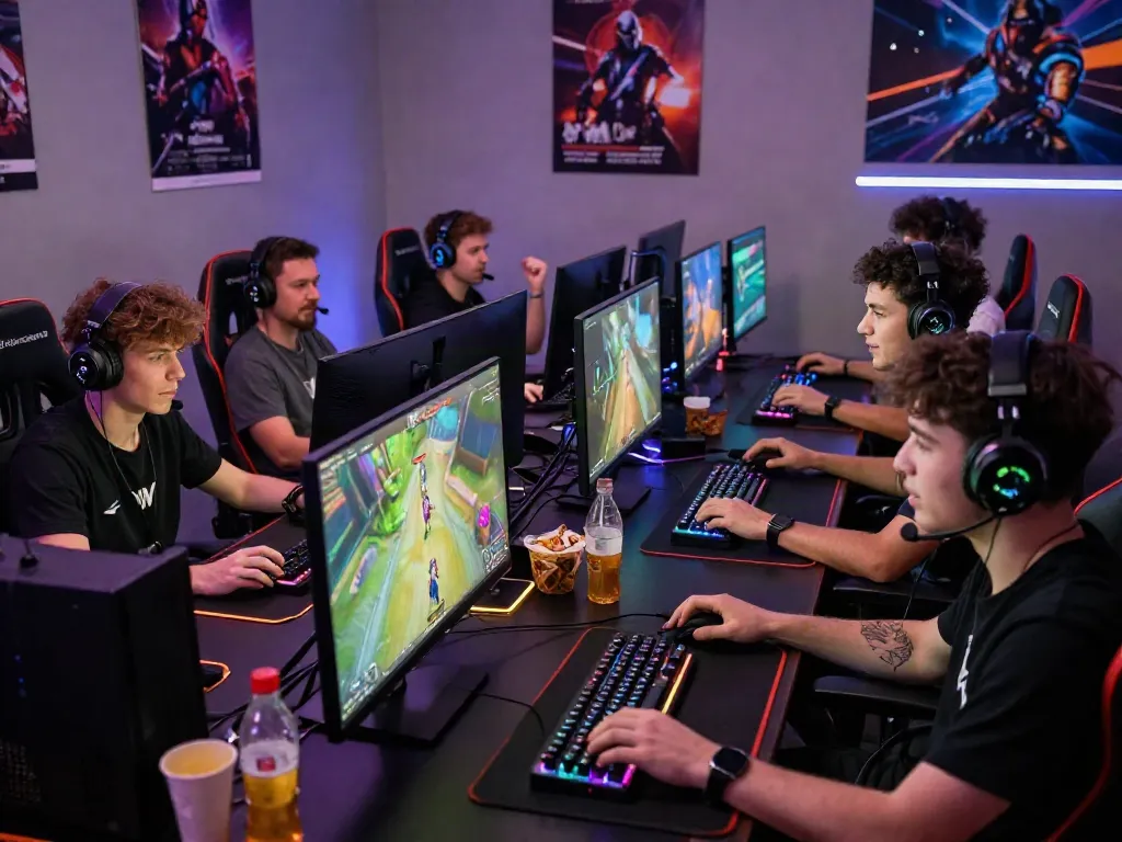 Gamers bersemangat merayakan kemenangan dalam diana4d, dengan setup gaming canggih dan suasana ceria.
