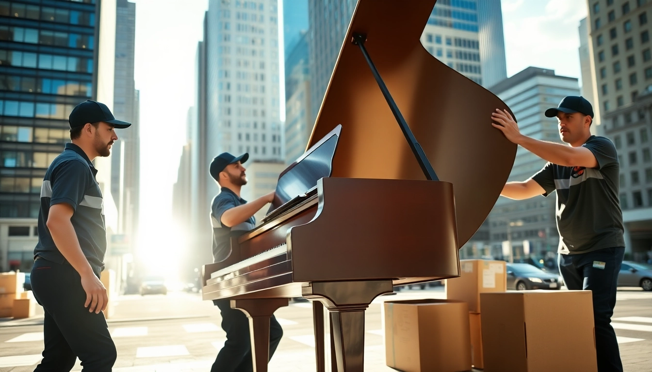 Efficient team from Clean Cut Movers NYC expertly relocating a piano amidst vibrant New York City.