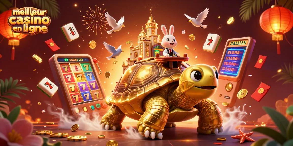 Jouez au meilleur casino en ligne avec une tortue dorée géante et un croupier lapin à la table.