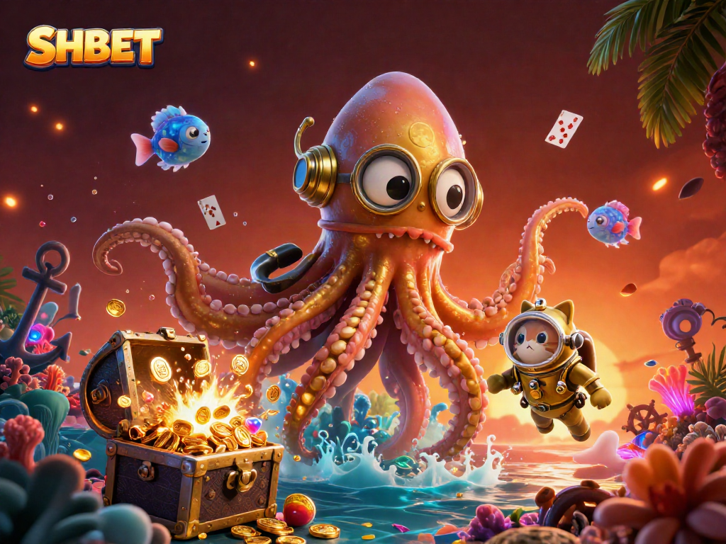 Engage with SHBET's thrilling underwater adventure, featuring a magnificent kraken and playful diving cat amidst vibrant treasures.