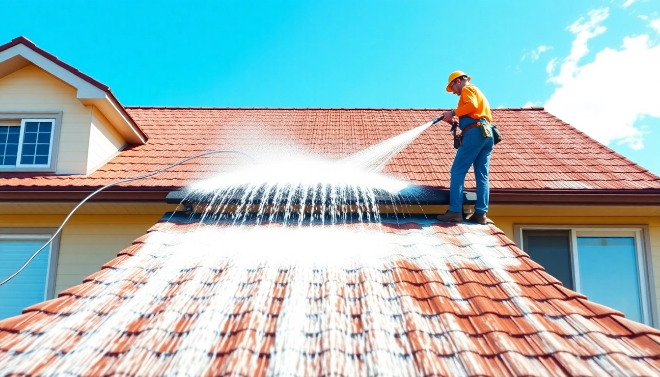 Roof Cleaning crew efficiently washing a residential roof under a clear blue sky.
