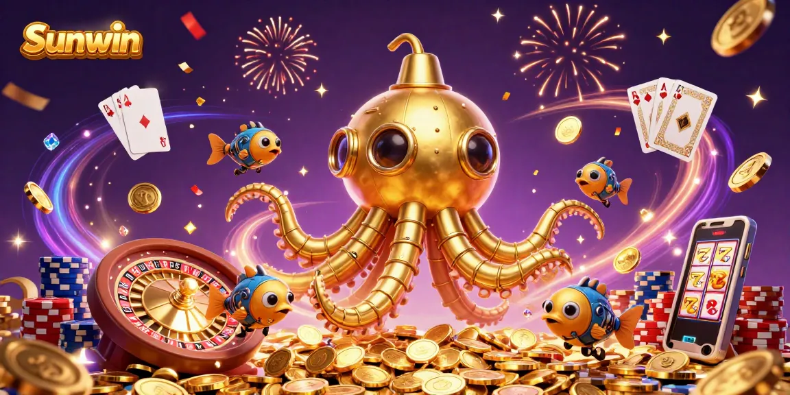 Engage with Sunwin's thrilling 3D casino adventure featuring the golden kraken amidst cascading coins and gems.