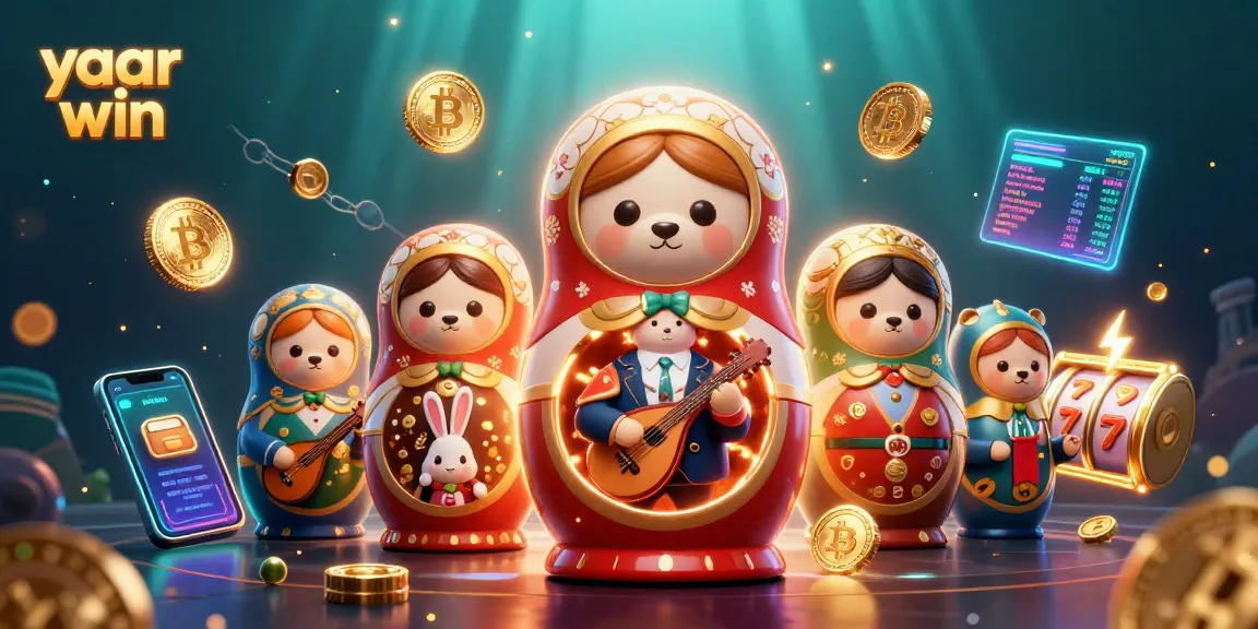 Engage with yaar win casino excitement featuring a 3D illustration of a musical matryoshka bear and crypto elements.